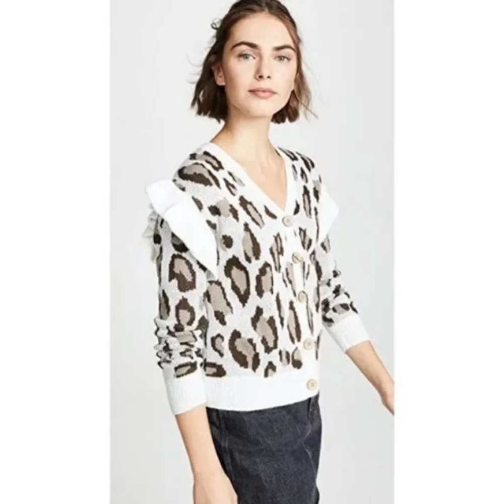 Chaser leopard jacquard cardigan sweater ruffle sleeve size large NEW NWOT